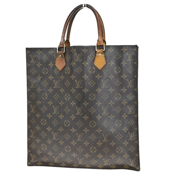 LOUIS VUITTON Logo Sac Plat Hand Tote Bag Monogram Leather Brown - Picture 1 of 16